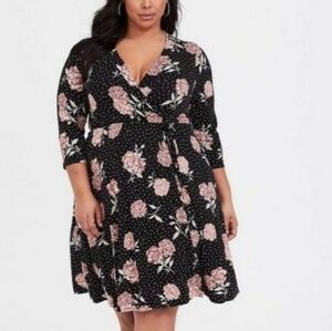Torrid Black Floral Dot Faux Wrap Dress Plus Size 26